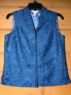 Vintage Talbots Blue Floral Jacquard Vest- Size 6- Silk 90s Button Up Vest